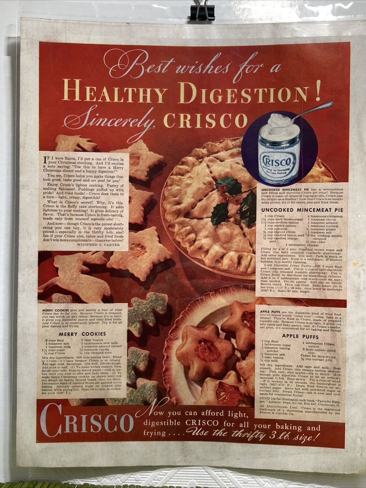 1936 Vintage Print Ad Crisco Recipes Merry Cookies Mincemeat Apple Puffs