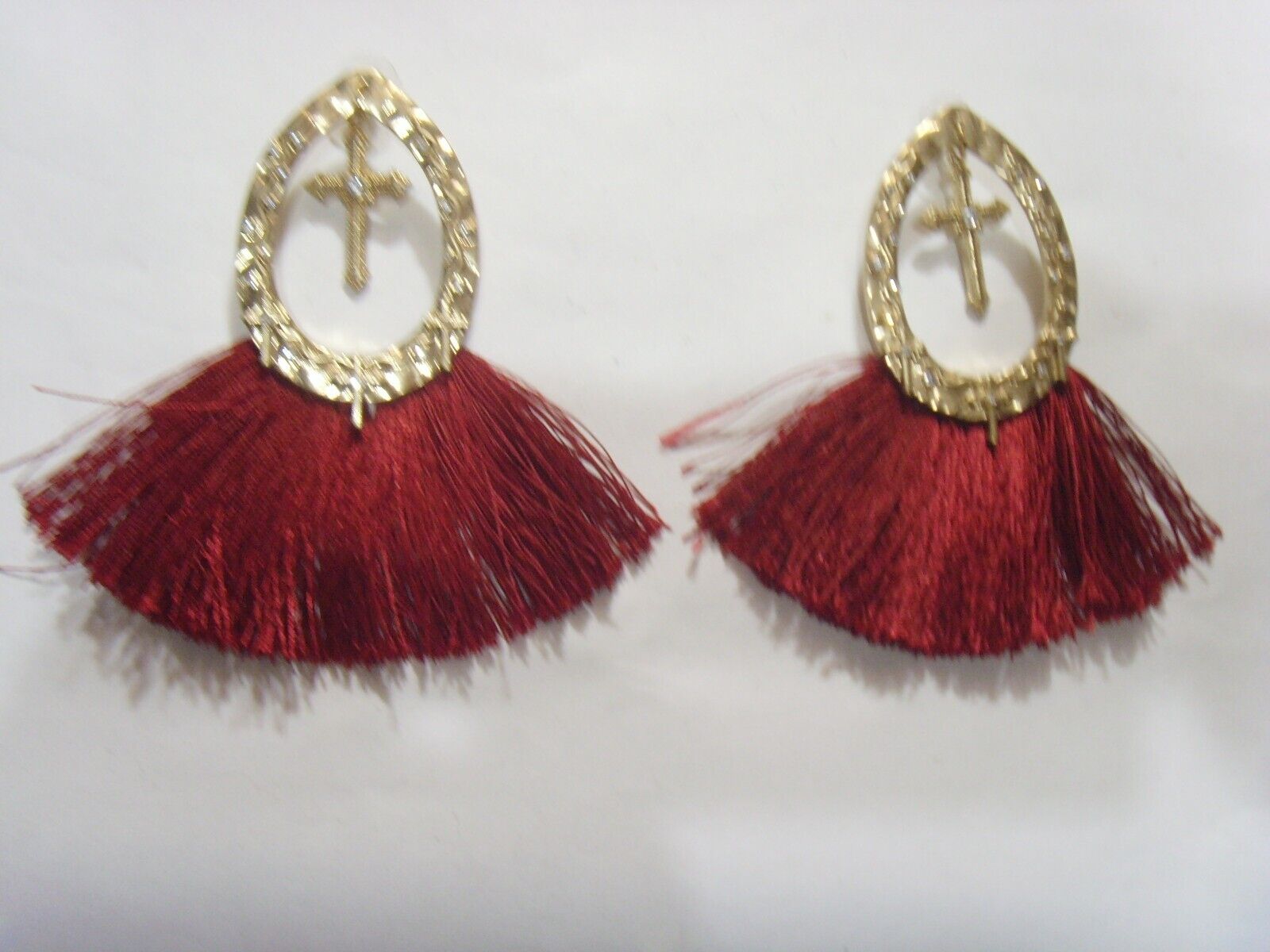 vintage gold tone metal cross and woven tassel earrings diamante accents FC1305