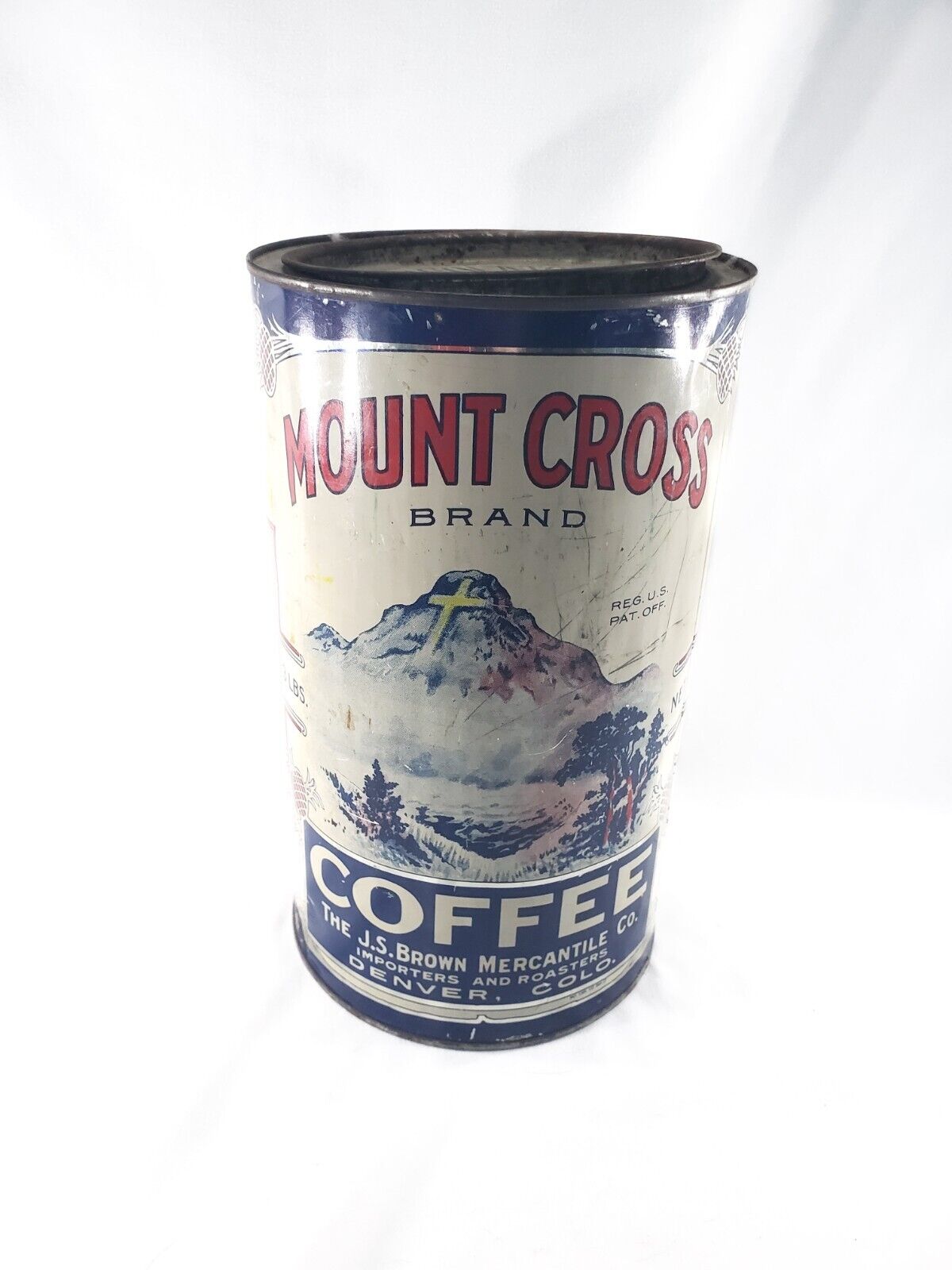 RARE Antique 3 Pound MOUNT CROSS Brand Tall Coffee Can w Lid DENVER COLORADO CO