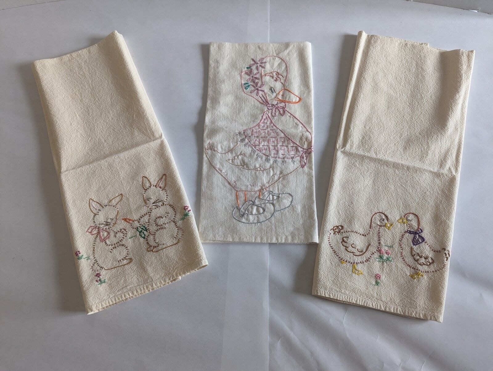 3 Vintage Hand Embroidered Tea Towels - Mother Goose, Ducks & Rabbits