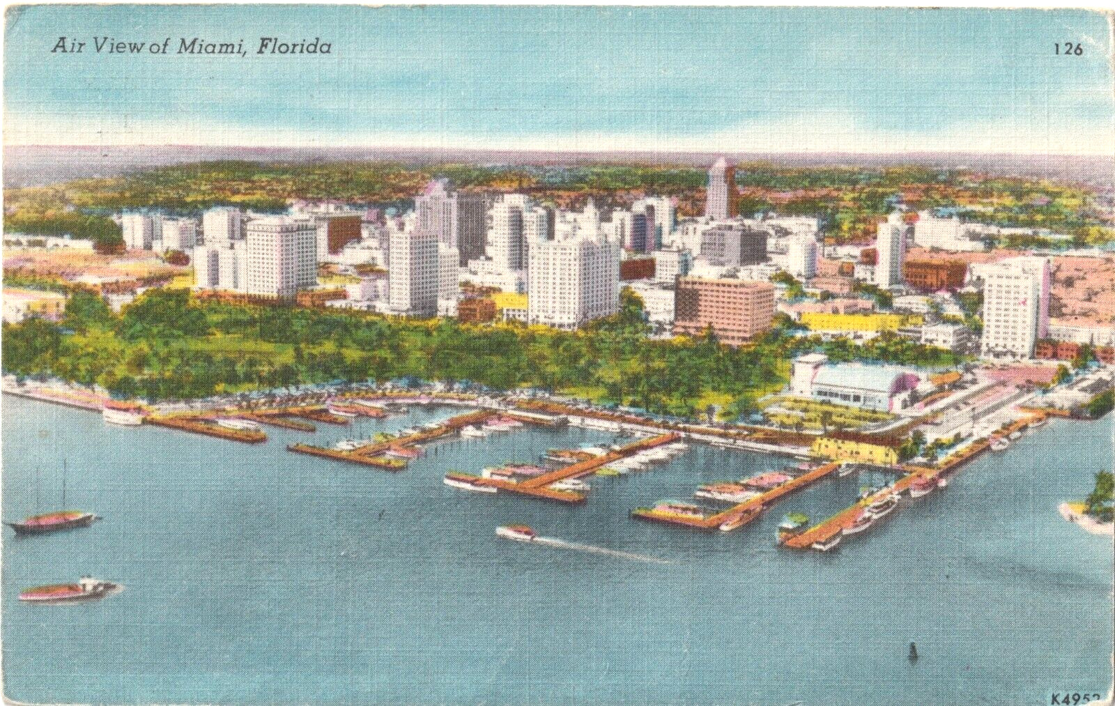 Air View of Miami, Florida FL-Hotels and Yacht Basin-1954 posted postcard