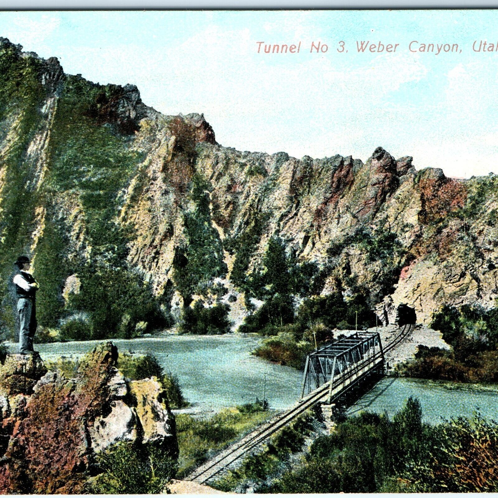 c1910s Utah Union Pacific Railway Tunnel 3 Weber Canyon Bridge Man Postcard A119