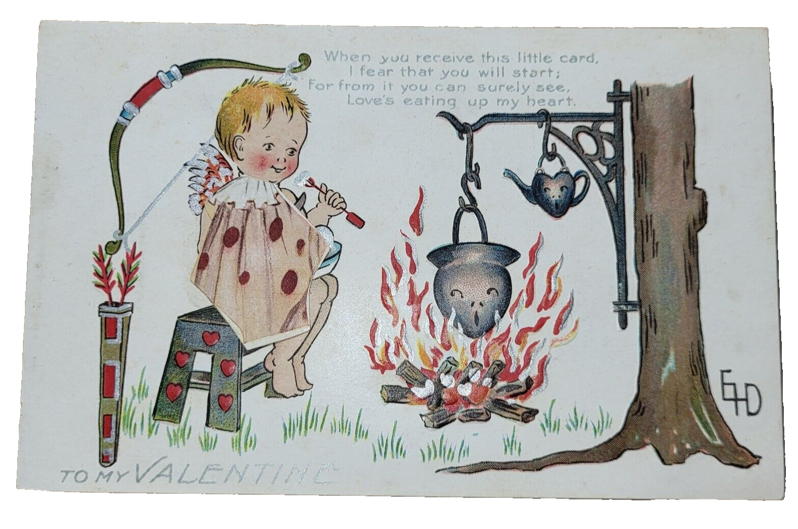 Amp Co. Valentine's Day Postcard Cupid Eating Heart  teapot Kettle Faces