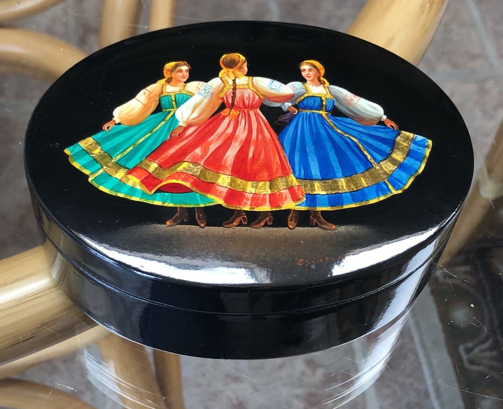 Vintage Russian Lacquer Box hand painted trinket folk art Dancing Ladies Signed
