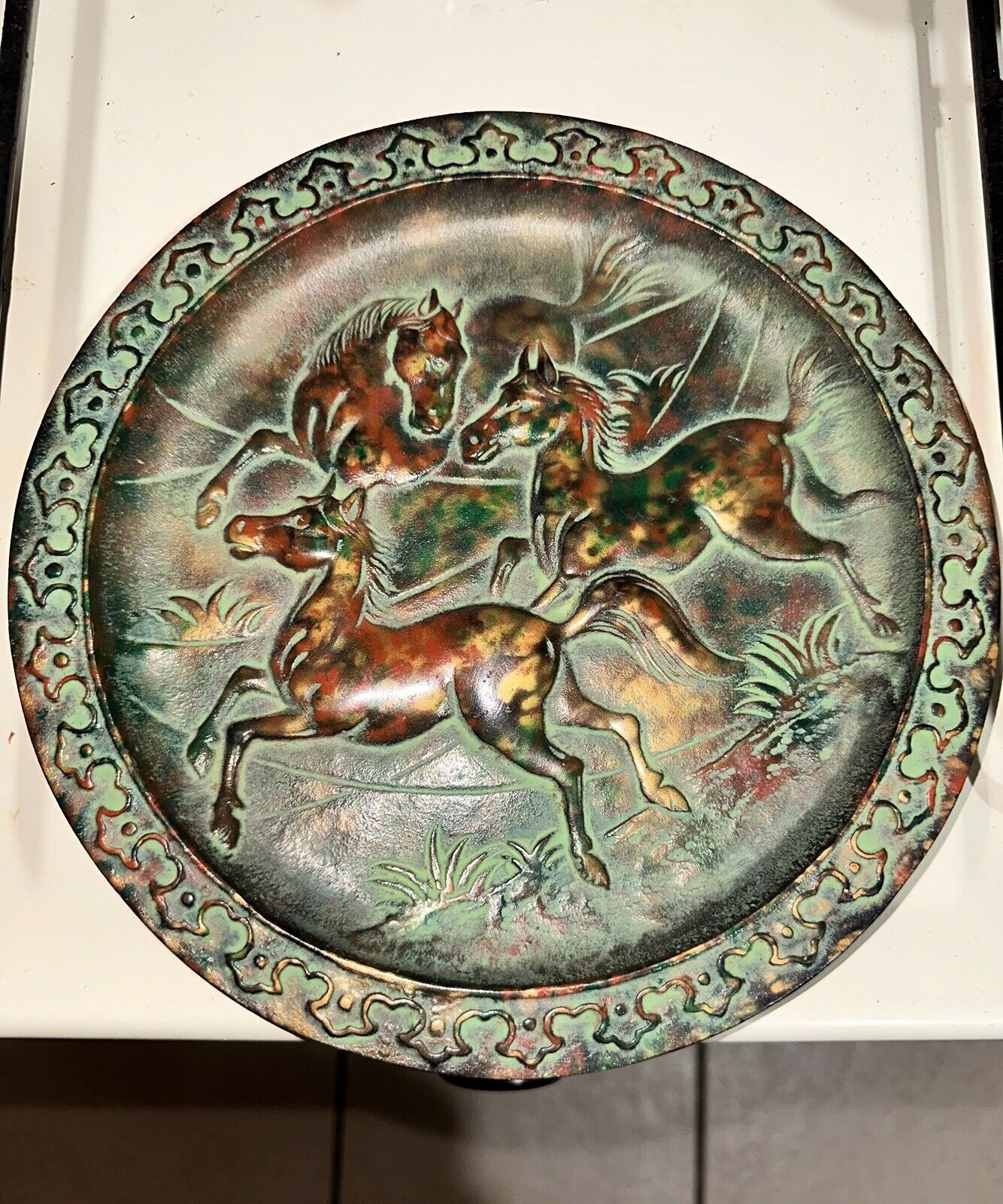 Antique Bradley & Hubbard Cast Iron Wall Plaque - Plate w/ Wild Horses Stallion