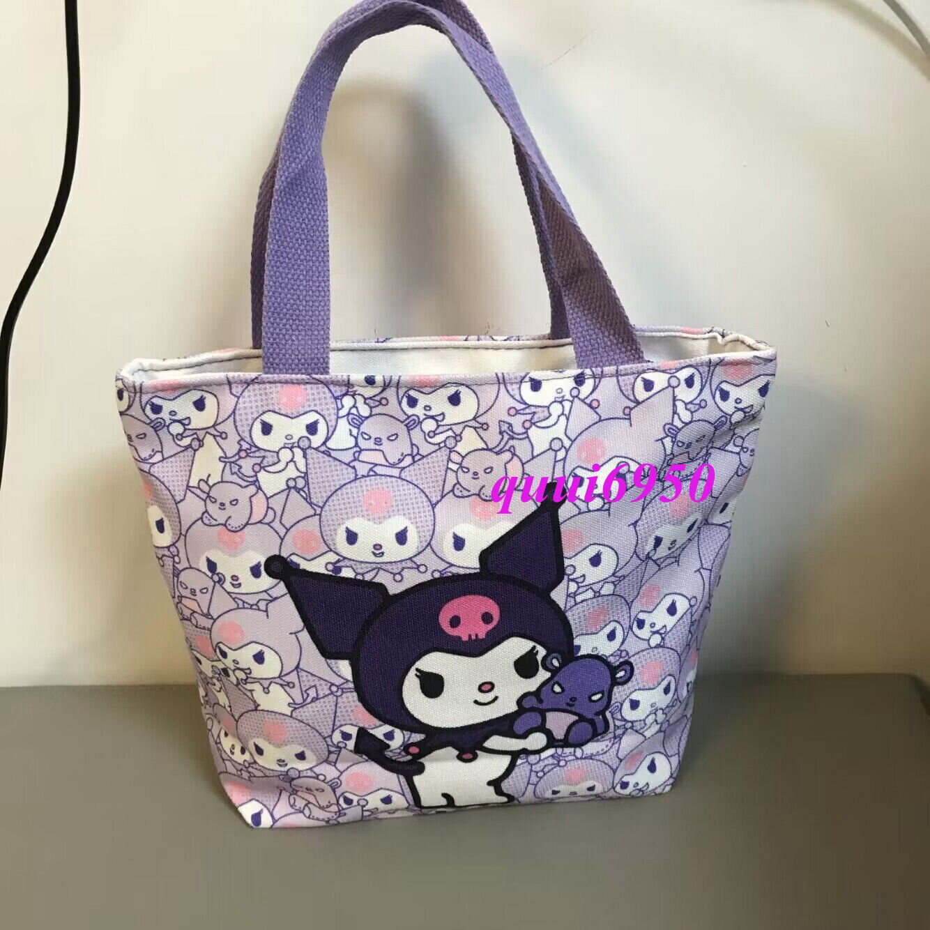 Cute Purple Kuromi Holder Baku Handbag Canvas Shopping Lunch Box Storage Bag