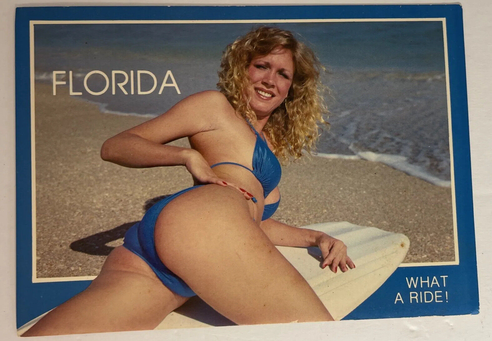 Vintage Florida Post Card Girl in Bikini Surfboard \'What A Ride\'  II