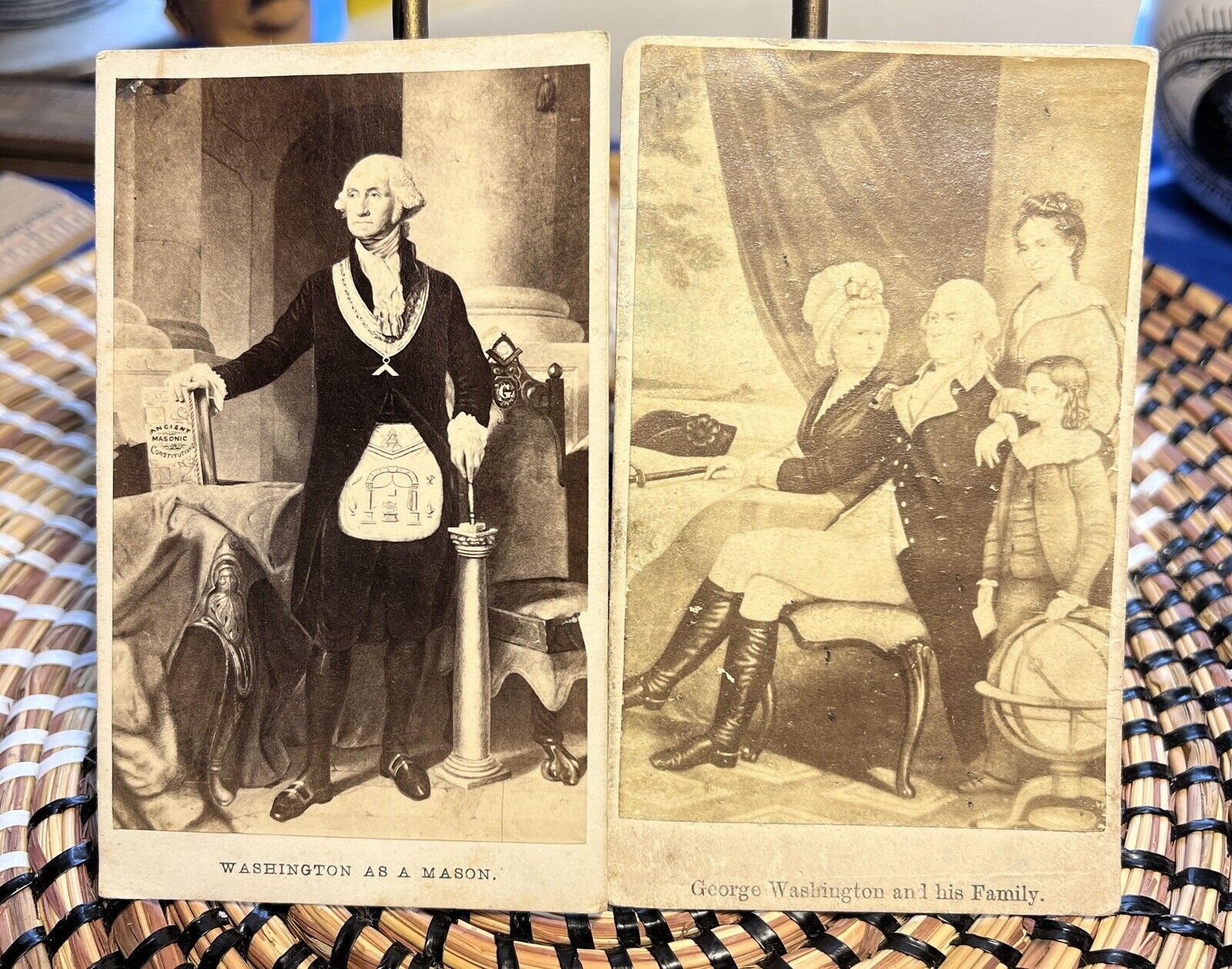 TWO Antique GEORGE WASHINGTON CDVs w/  Family & As A Mason Sepia Carte De Visite