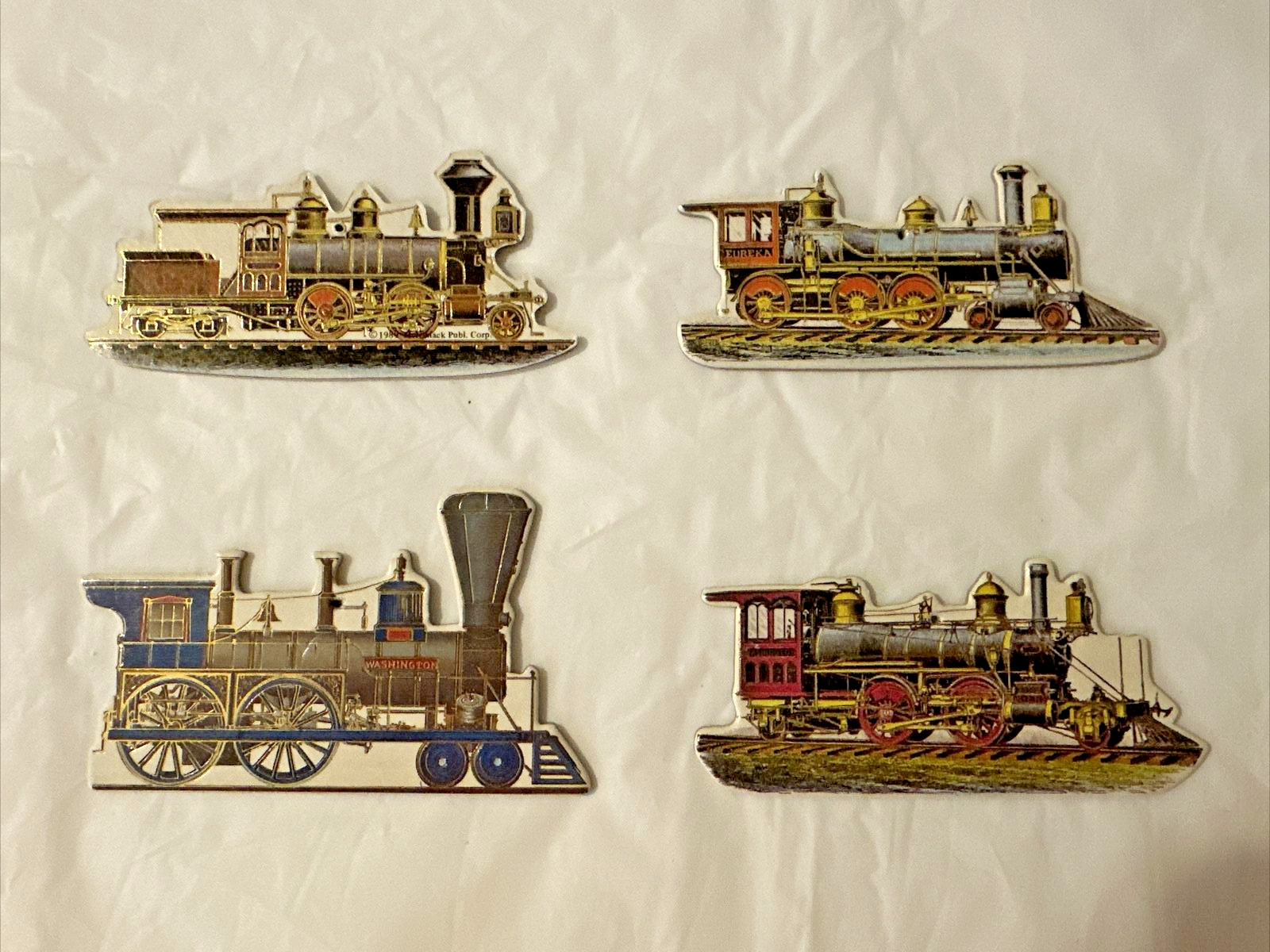 Set of 4 Vintage 1989 Double Sided 1800s Trains Die-Cut Ornaments Merrimack Corp