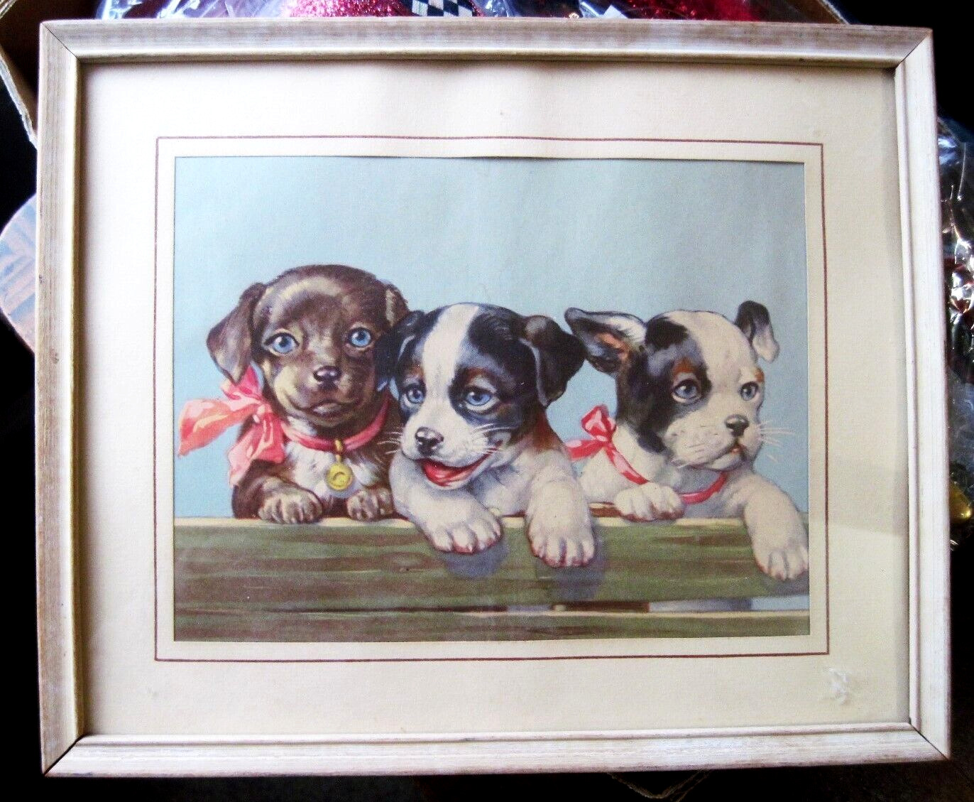 VINTAGE ART LITHOGRAPH BLUE EYE PUPPY DOGS WOOD FRAMED UNDER GLASS 11.5\