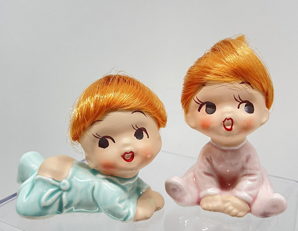 2 Vintage 1953 Enesco Baby Boy/Girl Pajama's Figurines Red Hair E-5840