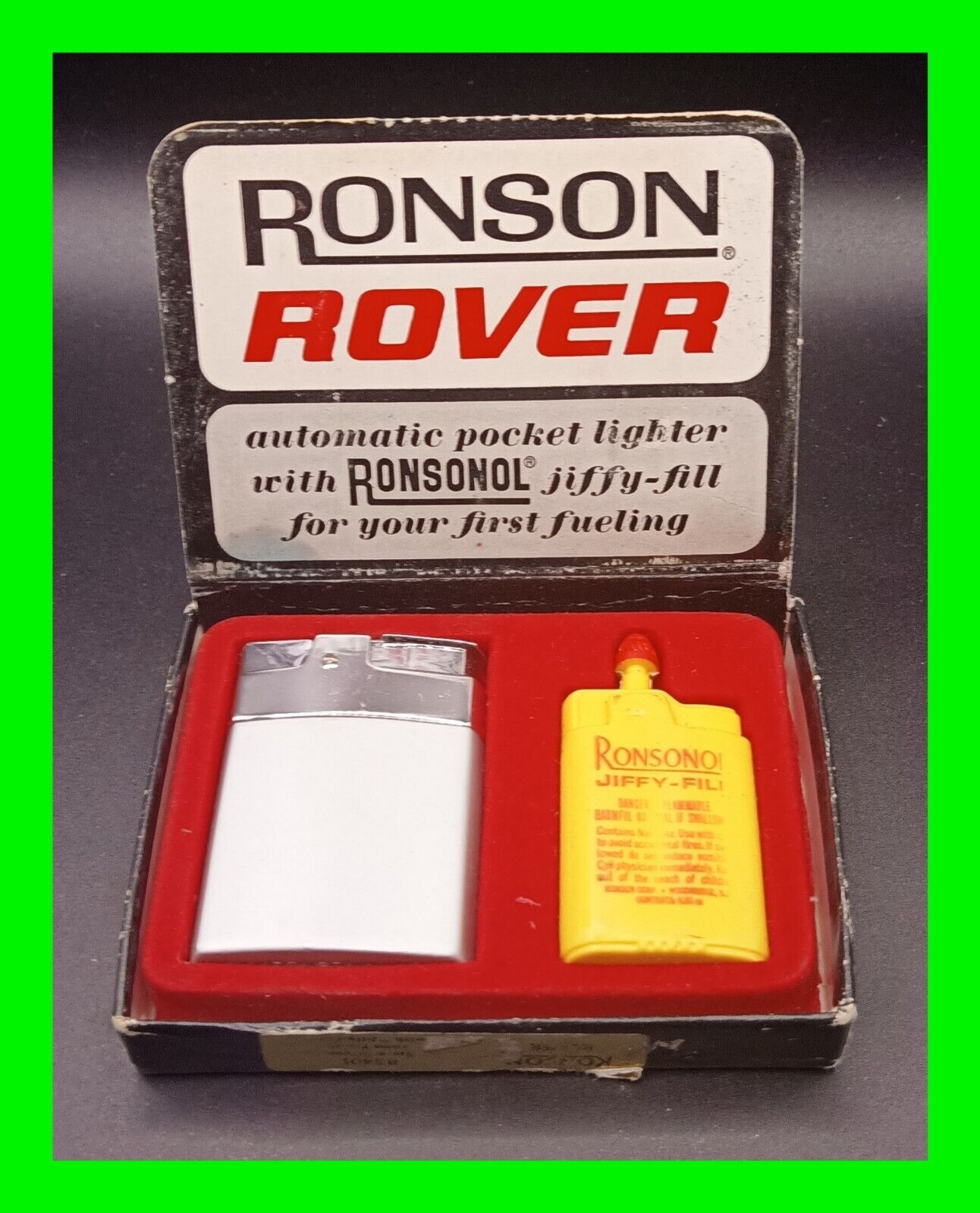 Vintage 1960’s Ronson Rover Petrol Lighter With Sealed Fuel Can, Brush & Box NOS