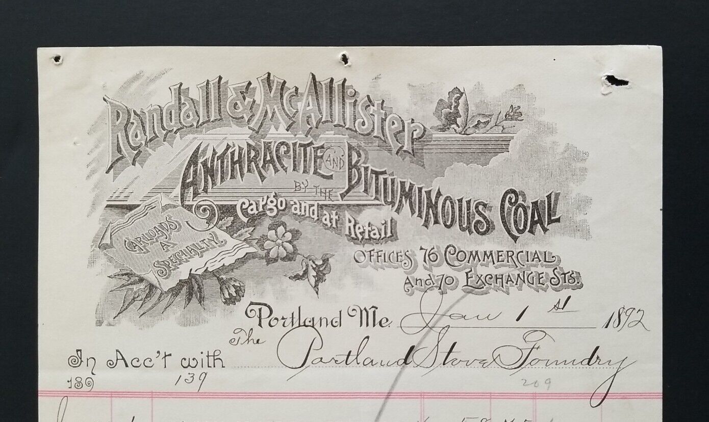 1872 Randall & McAllister Coal Antique BILLHEAD ~ Portland, Maine 