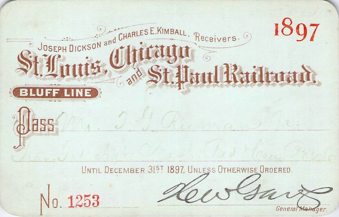 1897 ST LOUIS CHICAGO ST PAUL RECEIVER RAILROAD RAILWAY RR RWY PASS  