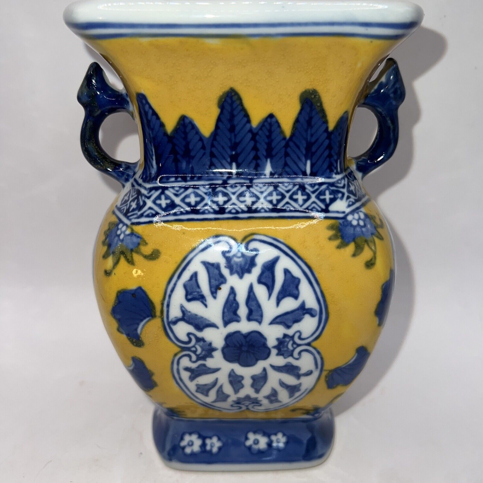 Vintage Chinese Vase Yellow /Blue Oriental Asian 6.5 INCHES Double Handled