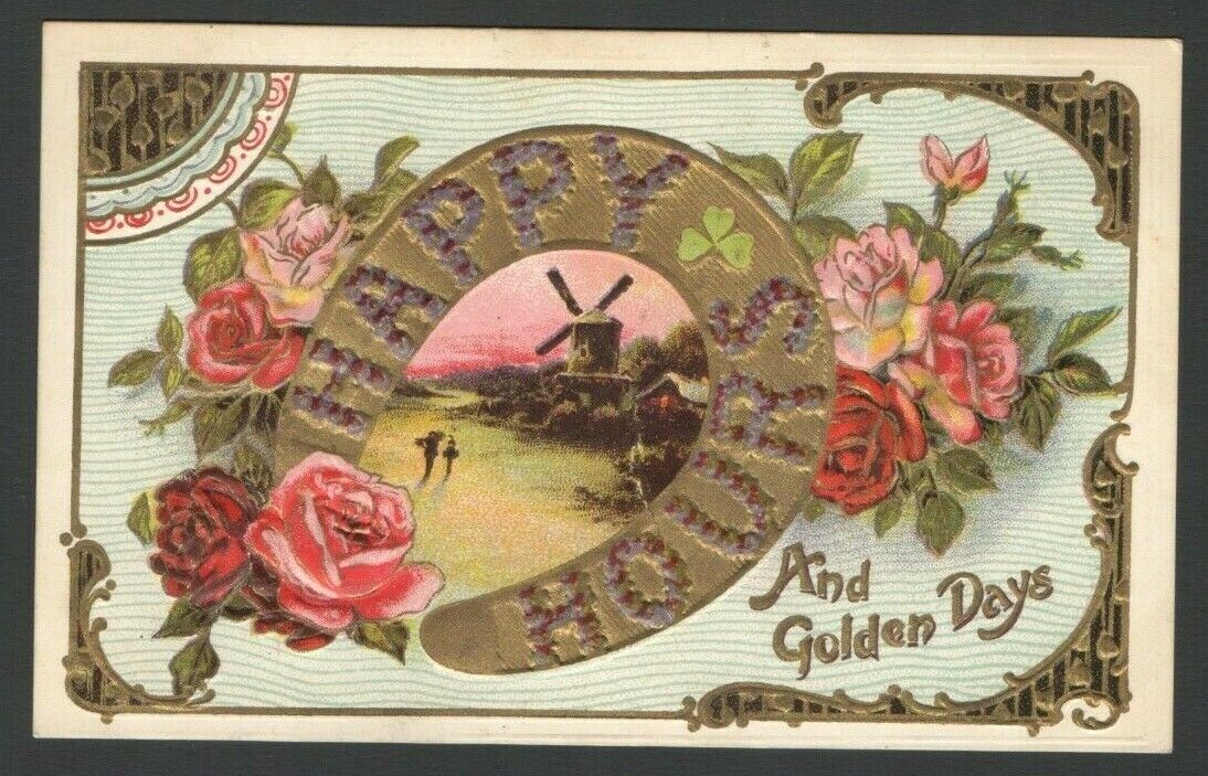 Vintage 1913 Embossed Happy Hours And Golden Days Old Postcard 