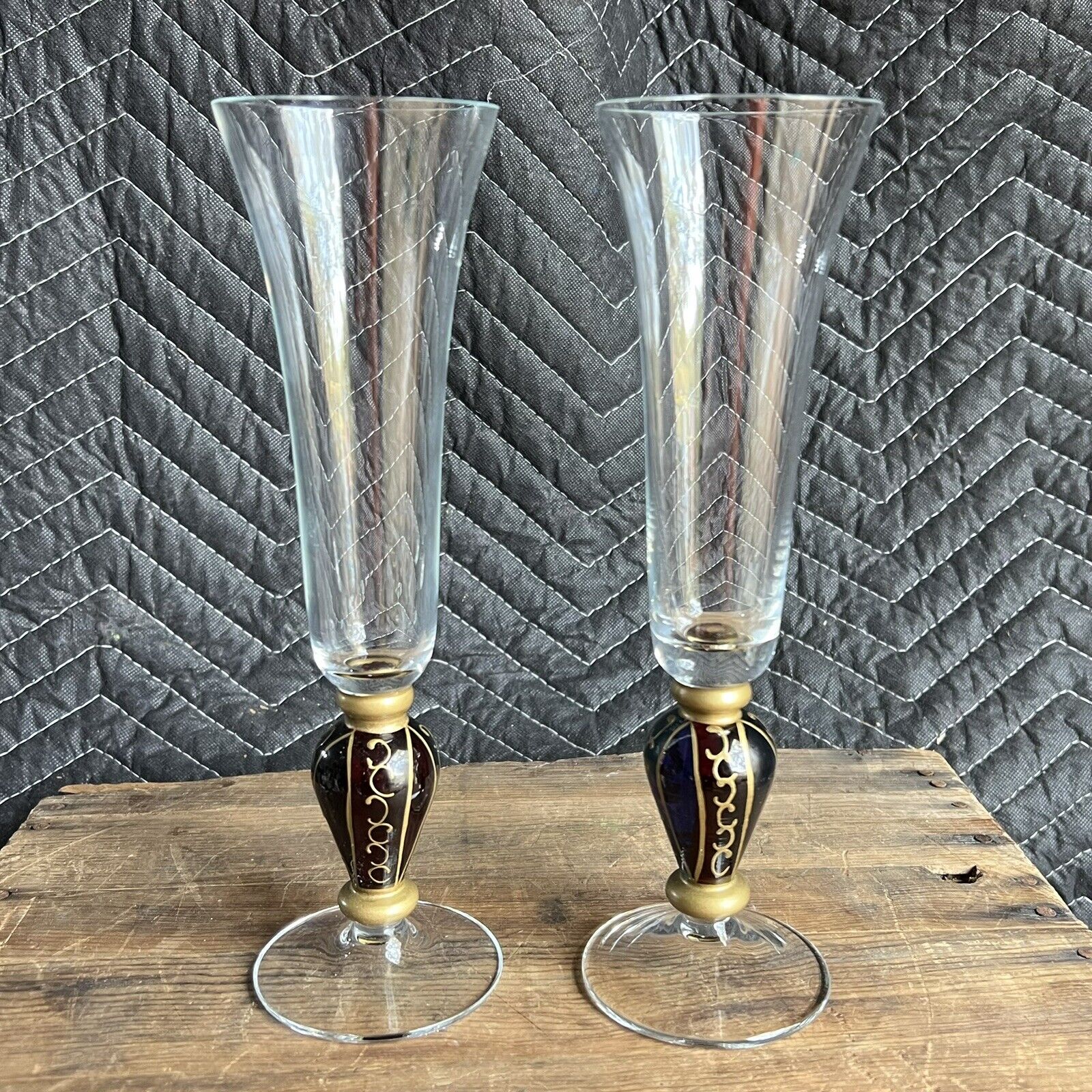 Stunning Pair Of Tall Slim Vintage Champagne Flutes Red Blue Green Gold Glass