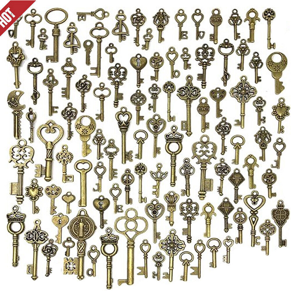 69 PCS Vintage Skeleton Key Set Charms Mixed Antique Style Bronze Brass Key Set