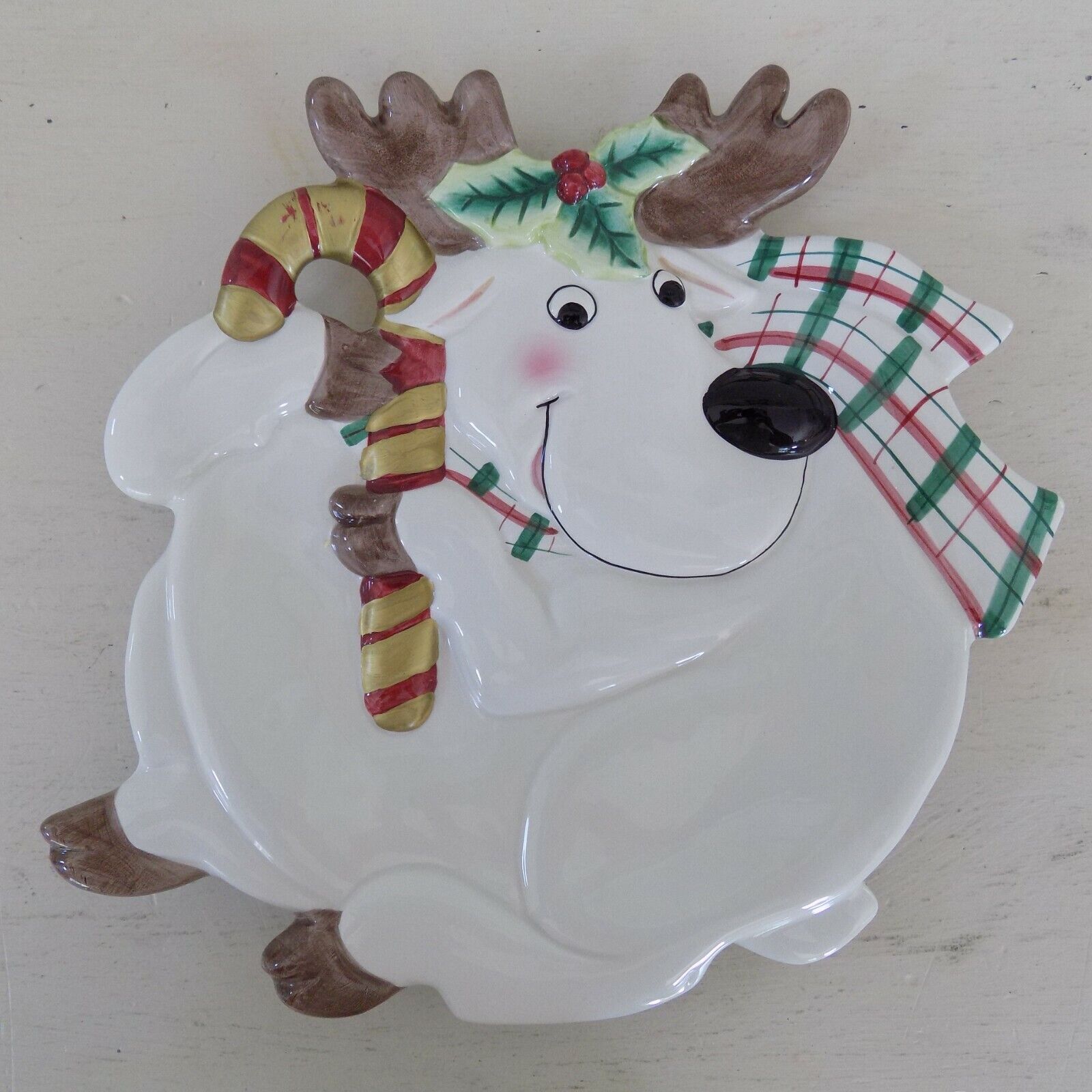 Fitz & Floyd Christmas Ceramic Reindeer Candy Cookie Dish Plate Candy Cane