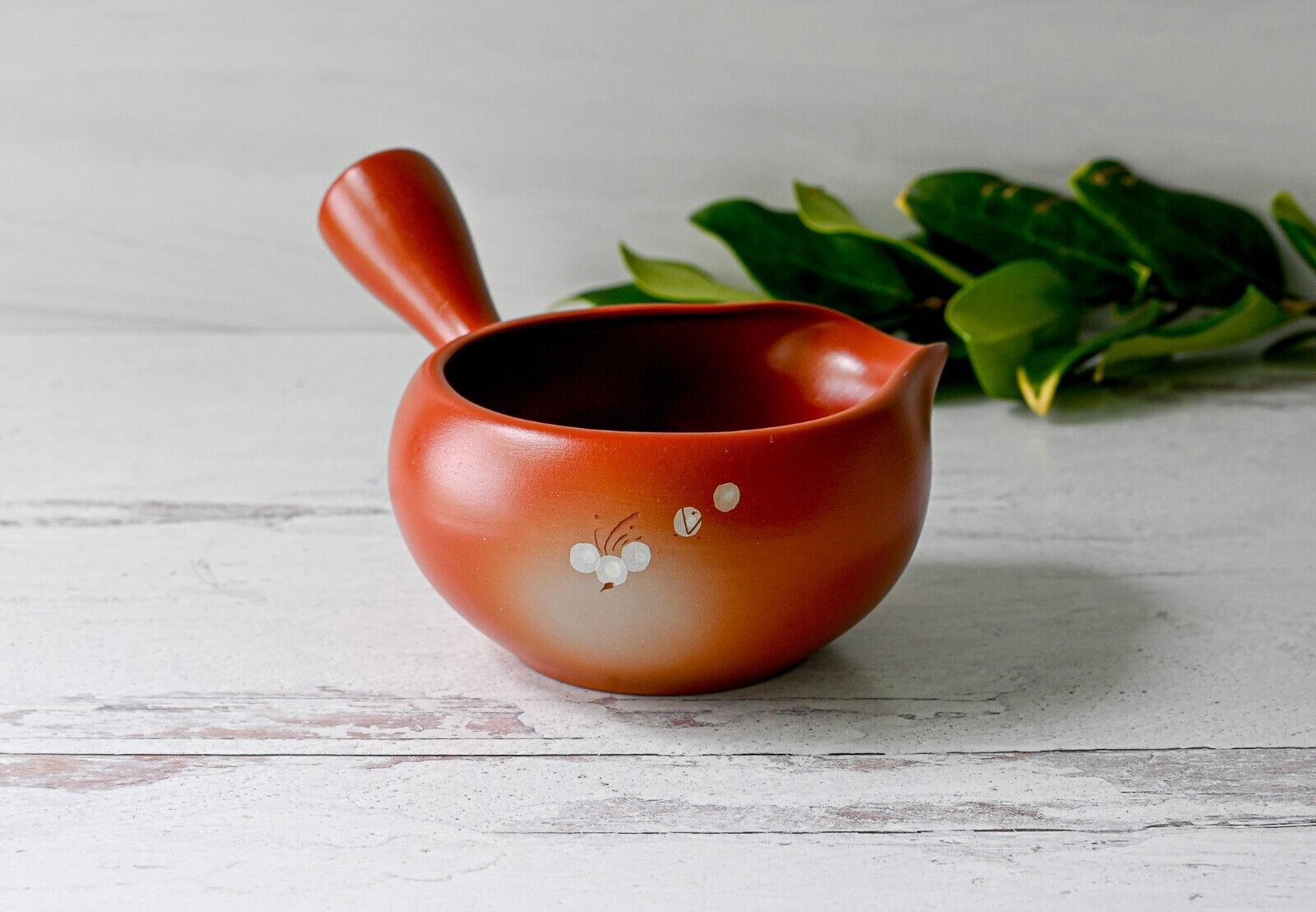 Handmade Ceramic Red Flowers Matcha Bowl with Spout and Handle