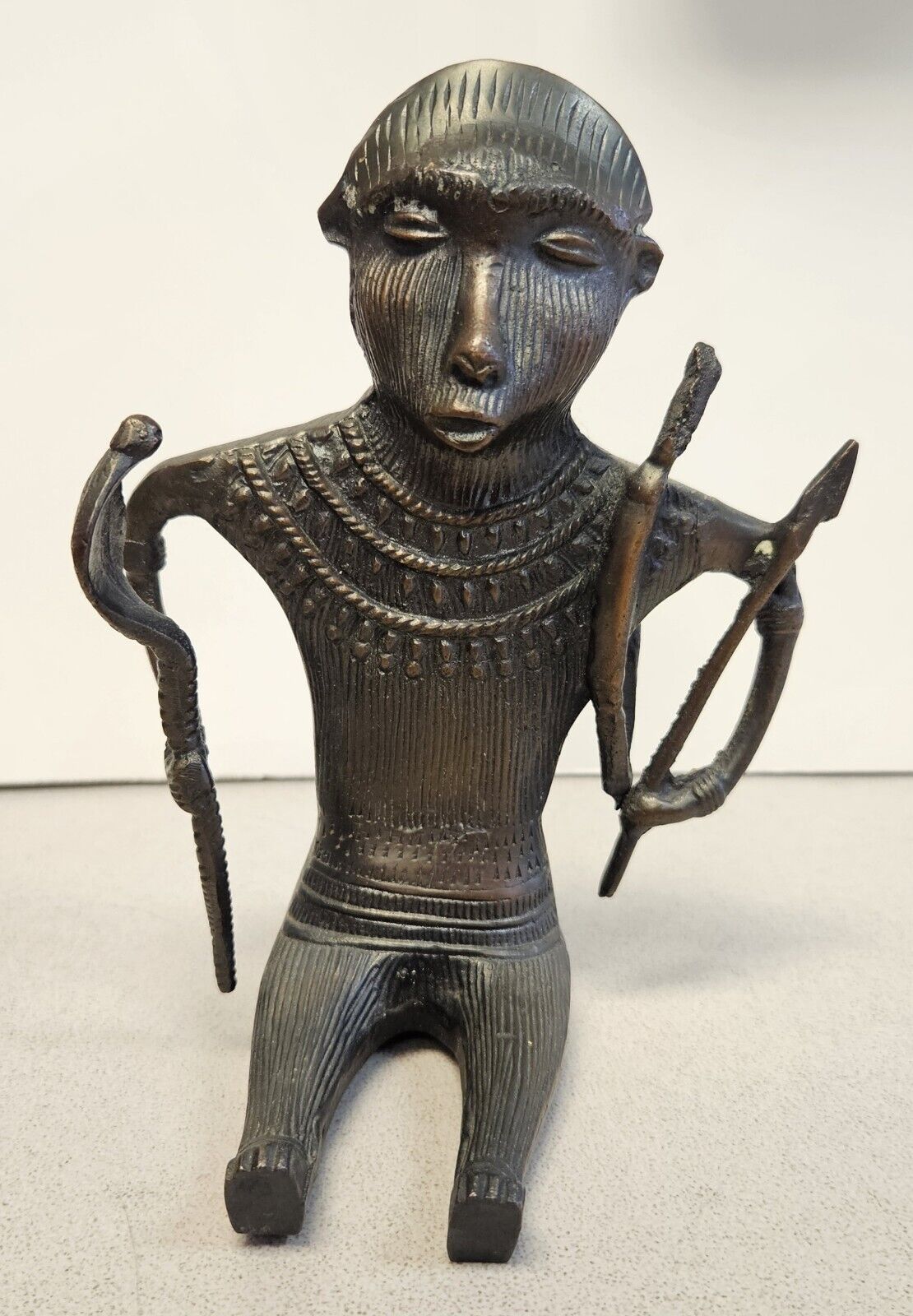 Vintage Bronze Tribal Art HUNTER HOLDING COBRA w/ Bow & Arrow Figurine Sculpture
