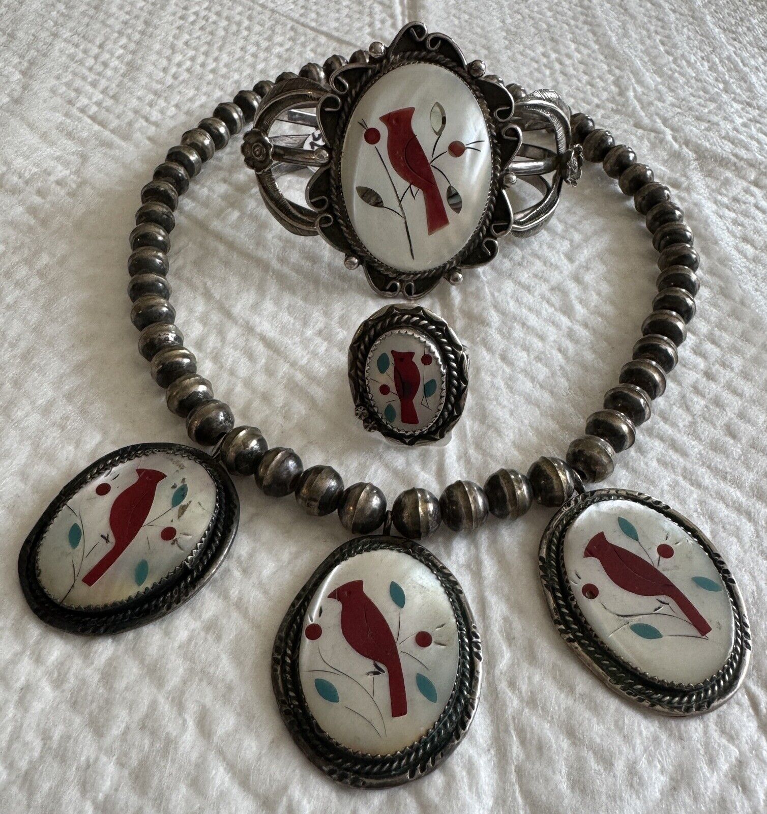 Vtg. Native American Zuni Cardinal Red Bird Inlay Necklace,bracelet,ring Set