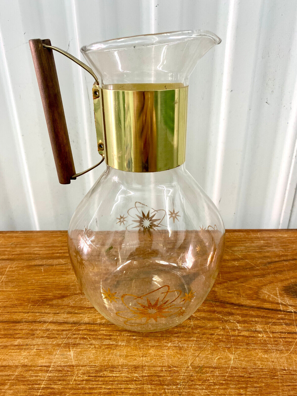 Mid Century Vintage Atomic Age Glass Coffee Pot Wood Handle Starburst Sputnik