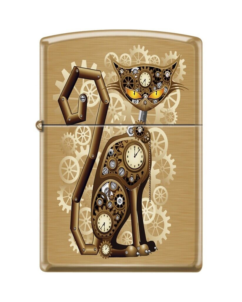 Zippo 82234 steampunk cat feline gears cogs mechanical metal clocks Lighter