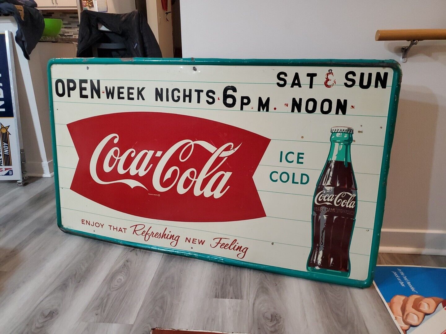 c.1950s Original Vintage Ice Cold Coca Cola Sign Metal Bottle Fishtail HUGE Gas