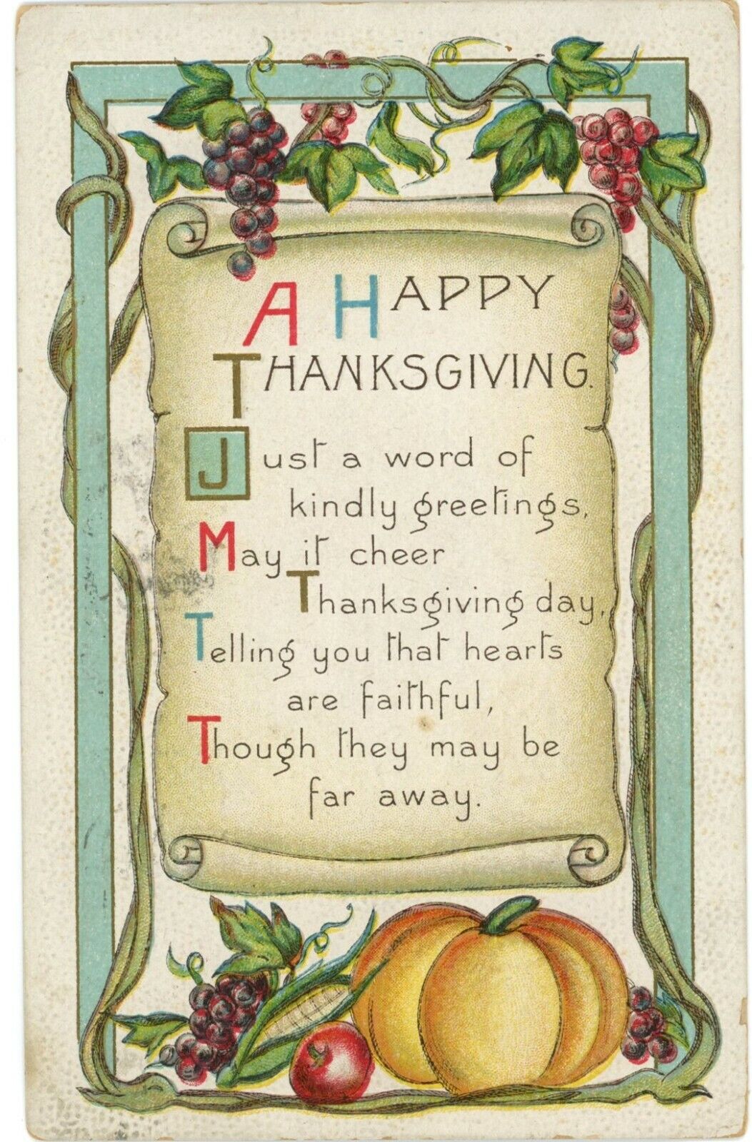 A Happy Thanksgiving Kindly Greetings Pumpkin, Corn And Harvest 1917 Postcard