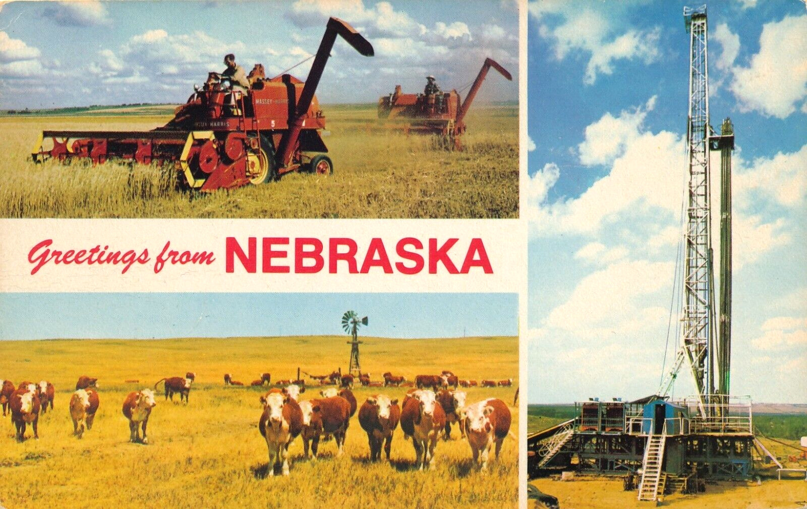 Greetings from the Sandhills Nebraska vintage unposted postcard oil rig