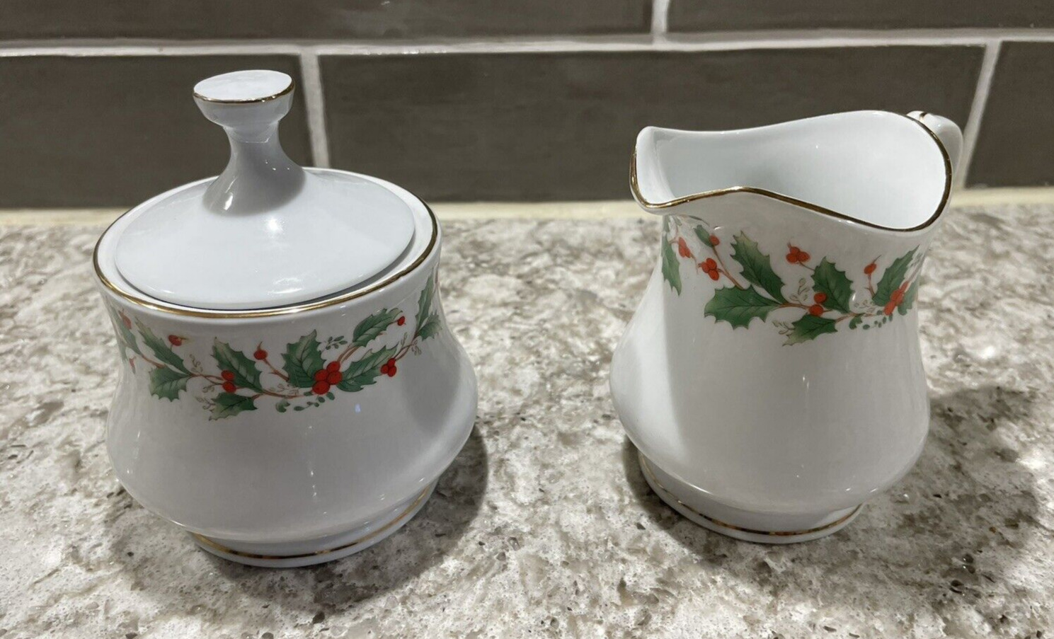 China Pearl Fine China Noel Cream and Sugar Set with Holly Accents