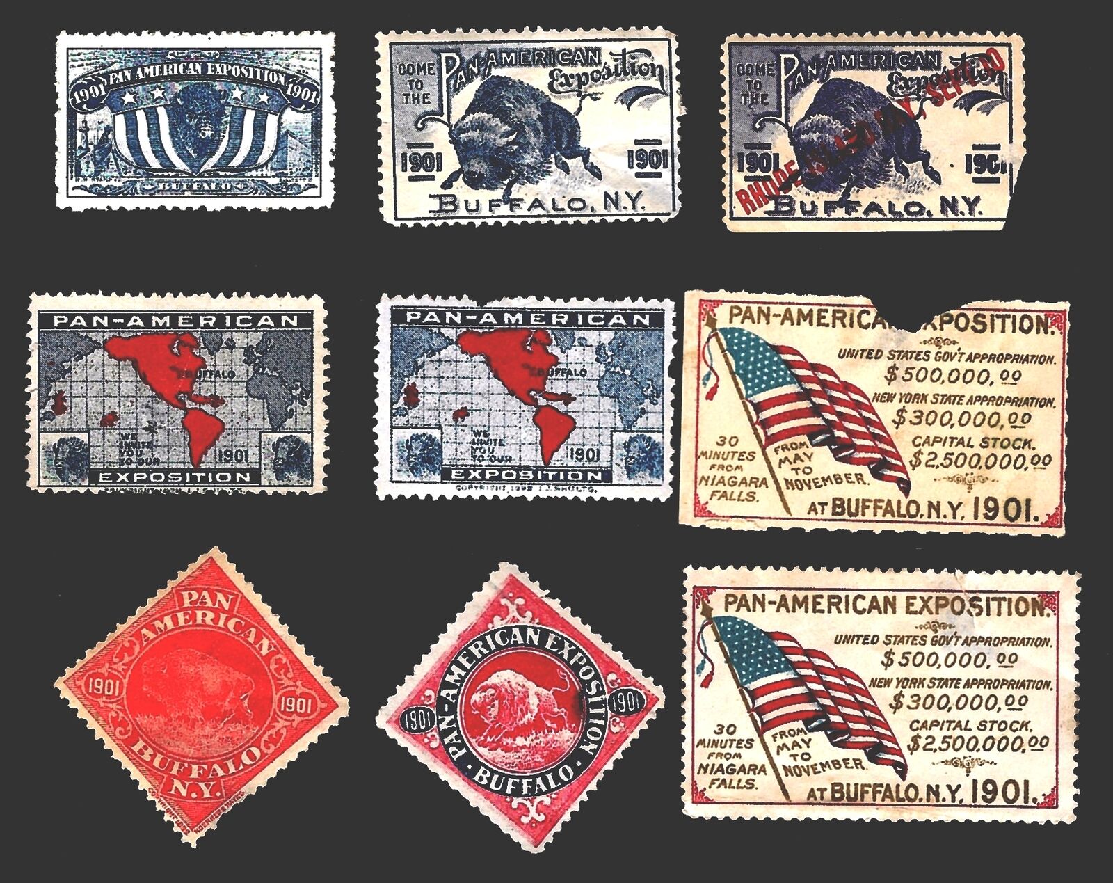 9 DIFF 1901 Pan American Exposition Buffalo Cinderella Stamp s Am Expo Label