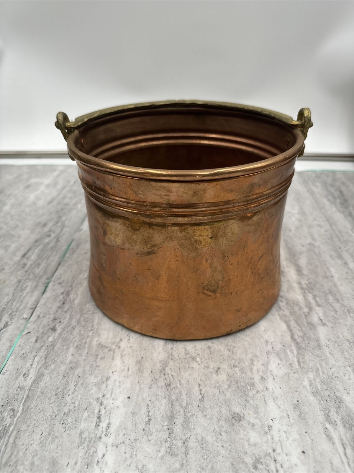 Antique Copper/Brass Cauldron Pot w/ Wroght Iron Handle