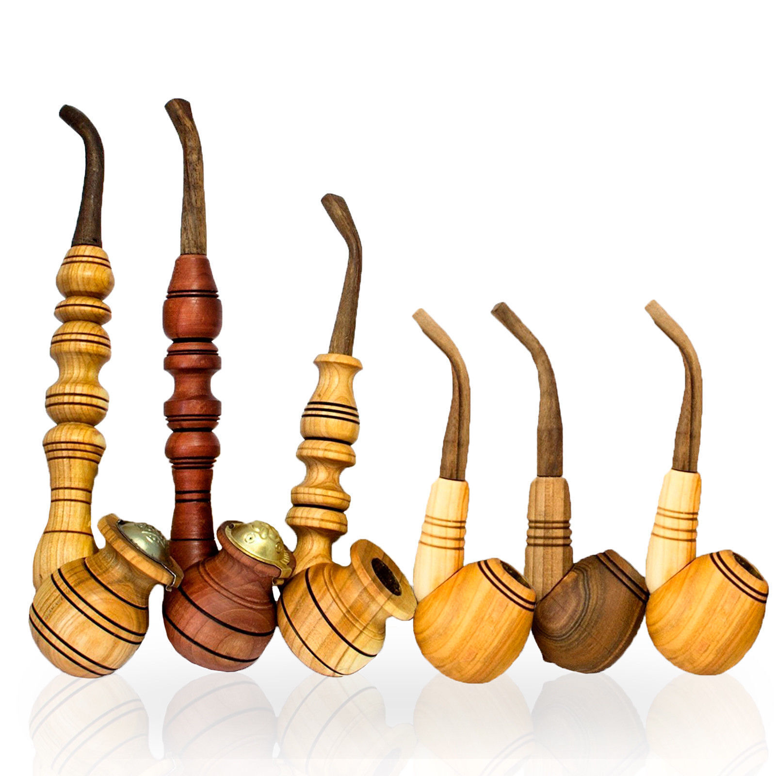 SET OF 6 Wooden Tobacco Pipes Walnut Cherry Plum Wood Smoking Pipe HAND-CARVED