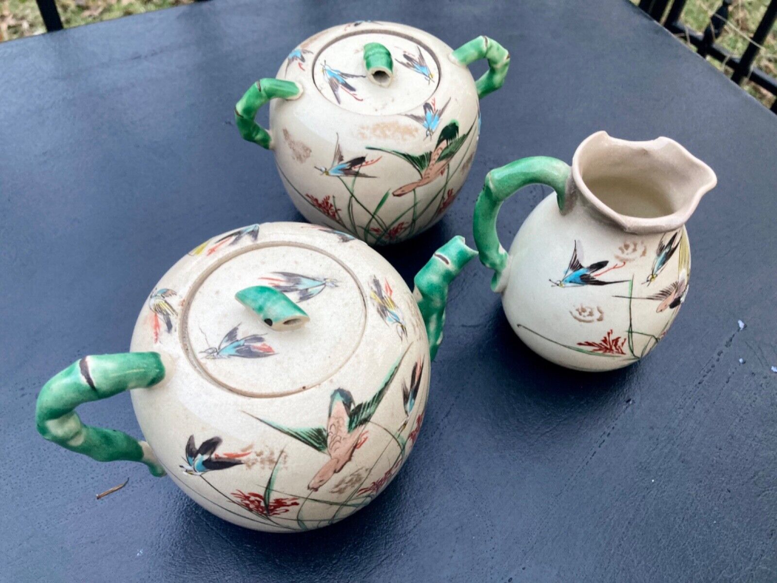 Japanese Satsuma Kinkozan Teapot Sugar Bowl Pitcher Tea Set Swallowtail Birds