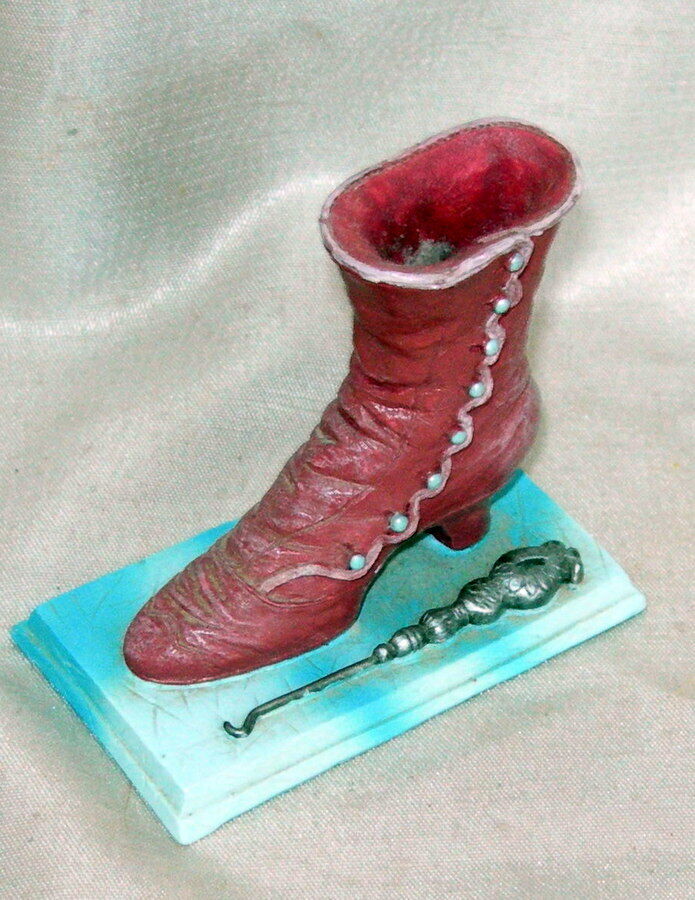 C.M.P.  High Button Boot Miniature Collectible Shoe with Button Hook on Base