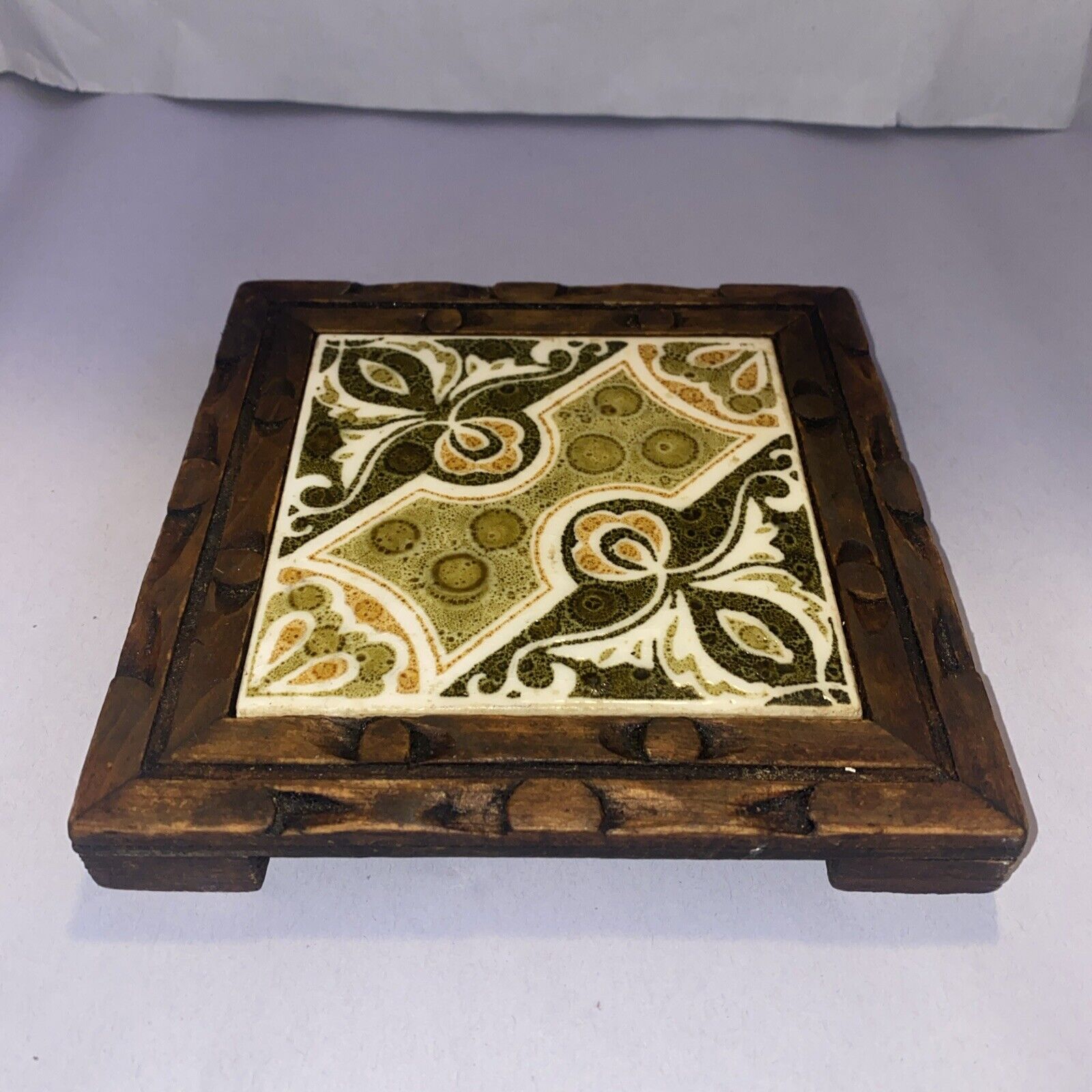 Vintage Retro Green Mexican Tile & Hand Carved Footed Wood Trivet Plant Stand 6”