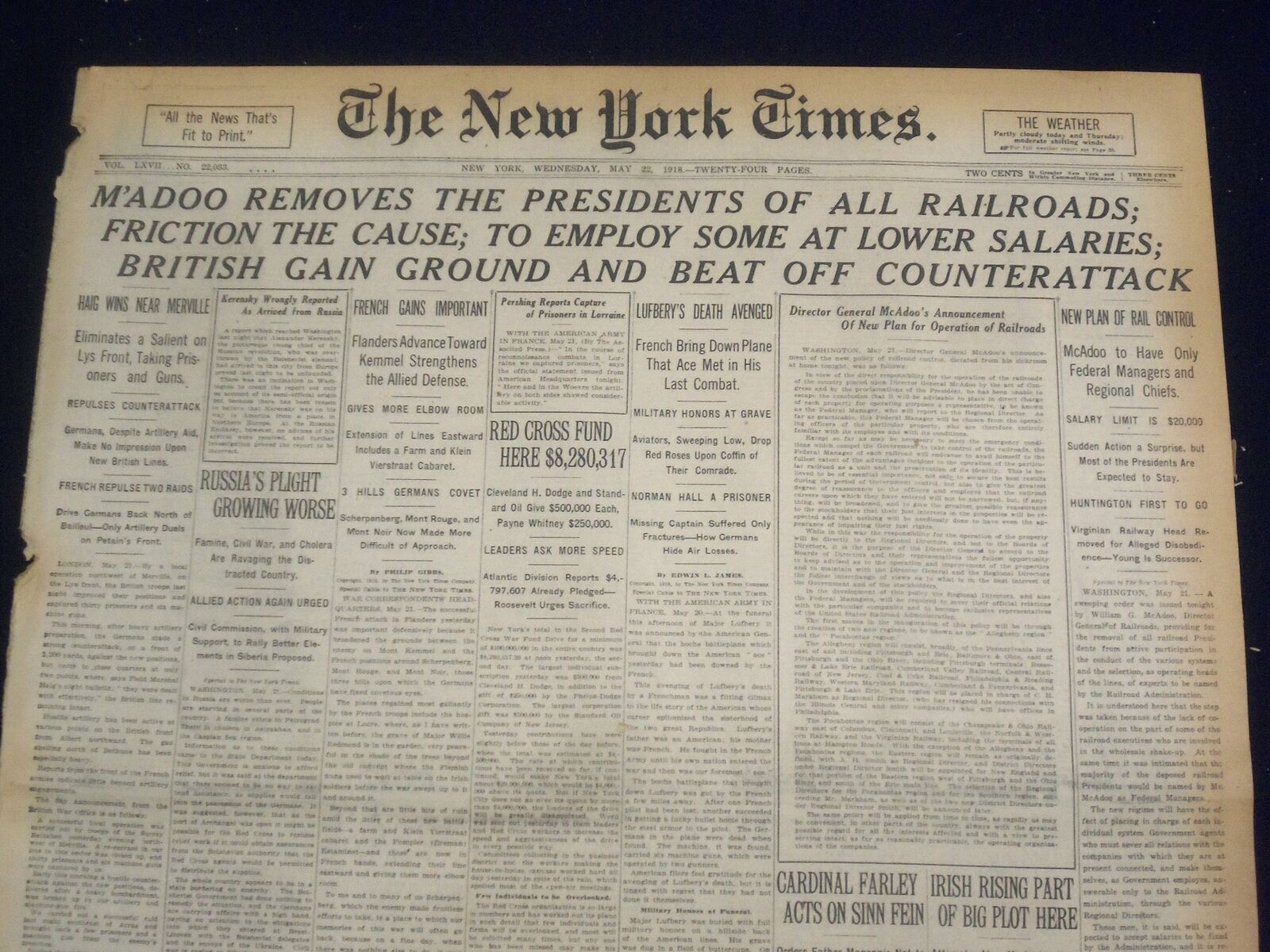 1918 MAY 22 NEW YORK TIMES - M\'ADOO REMOVES PRESIDENTS OF RAILROADS - NT 8192