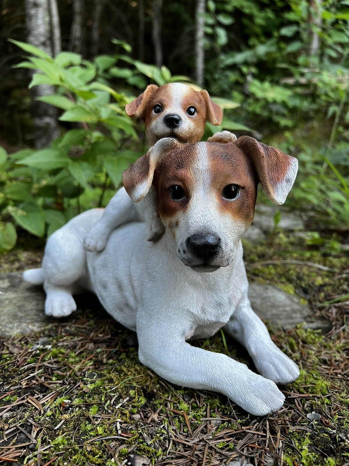 Jack Russell Mother and Puppy Dog Statue Figurine Realistic Details Garden Resin