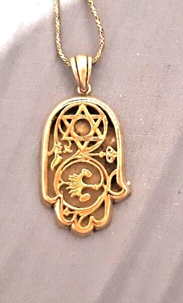 Vintage Kabbalistic  Silver+Gold Hamsa Necklace ,  Judaica, Jewish Amulet.