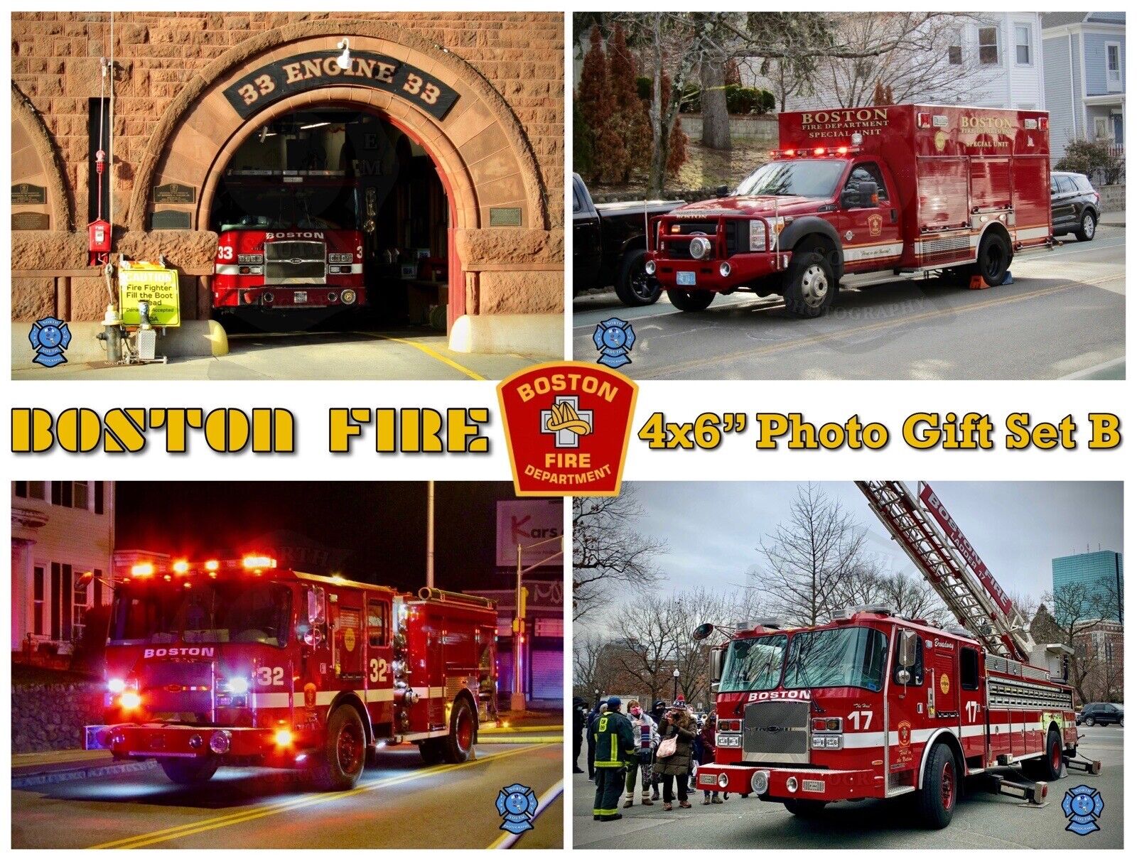 Boston Fire Dept 4x6” Photo Print Gift Set B Engine 33 Ladder 17 Lot Of 4 Art MA