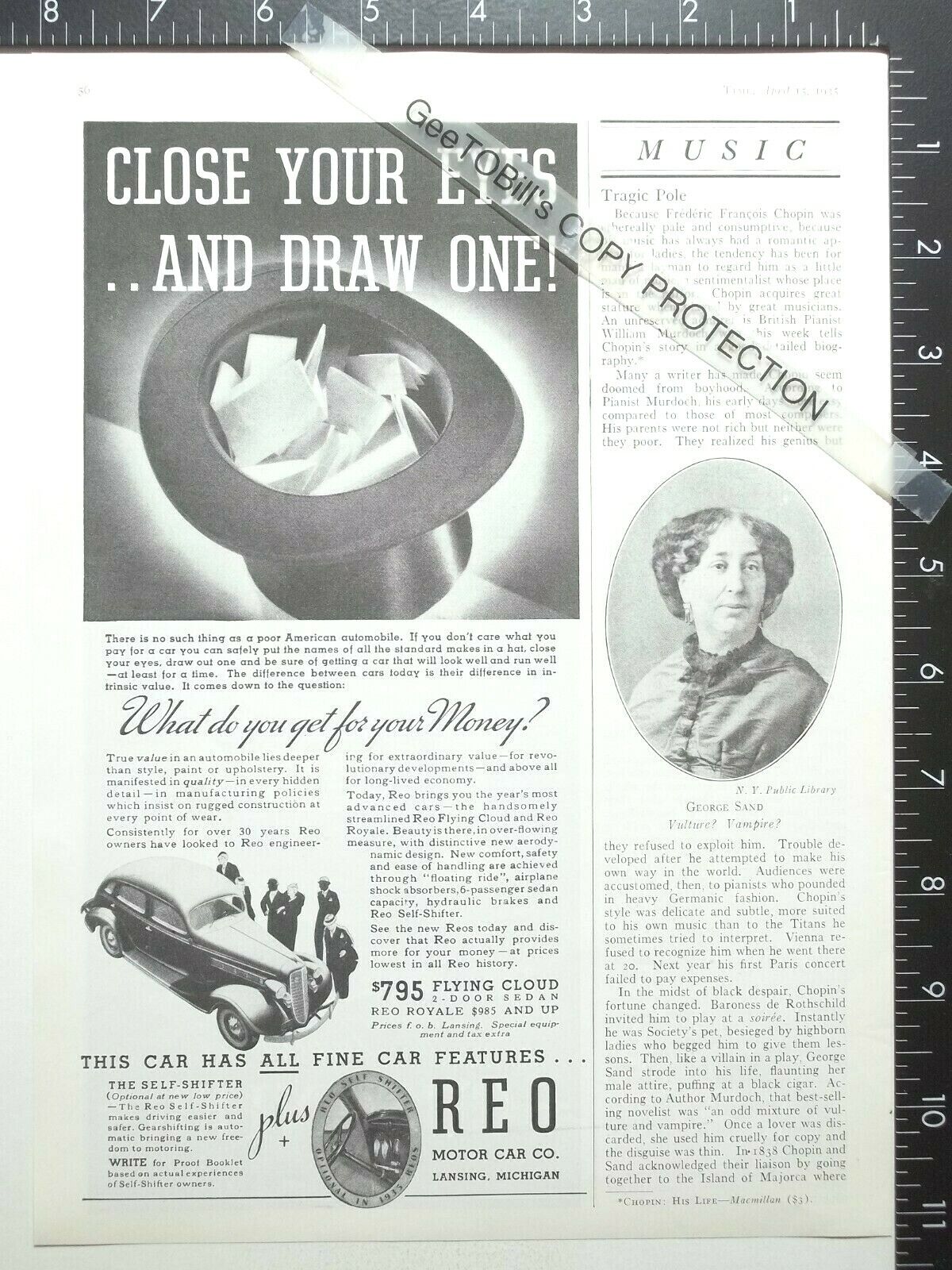 1935 ADVERTISING for REO Flying Cloud Royale Motor Car with self-shifter