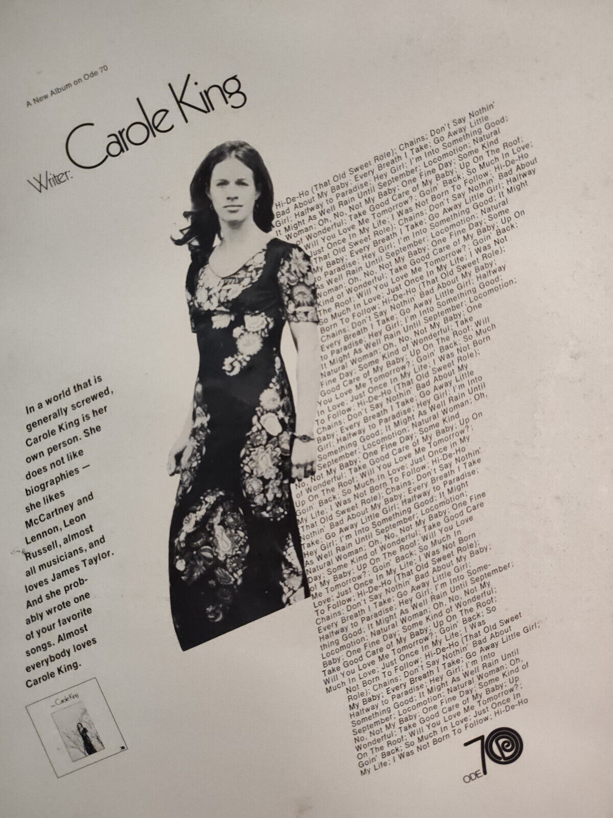 Rare 1970 Vintage Ad Advertisement for CAROL KING\'s Debut album WRITER