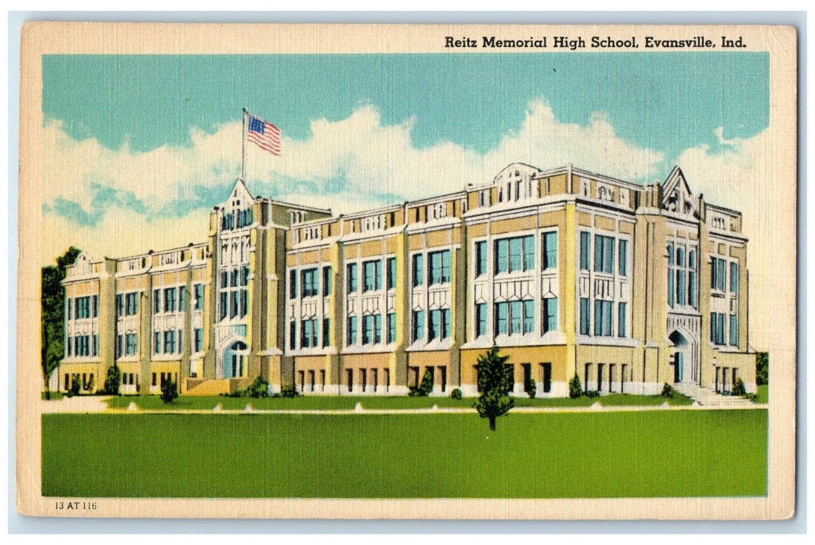 c1940's Reitz Memorial High School Exterior Evansville Indiana IN Flag Postcard