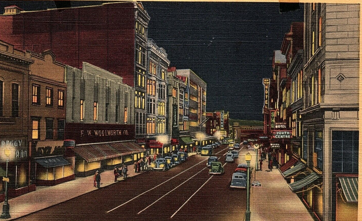 1940s HARRISBURG PA MARKET STREET NIGHT WOOLWORTH AUTOS LINEN POSTCARD P519