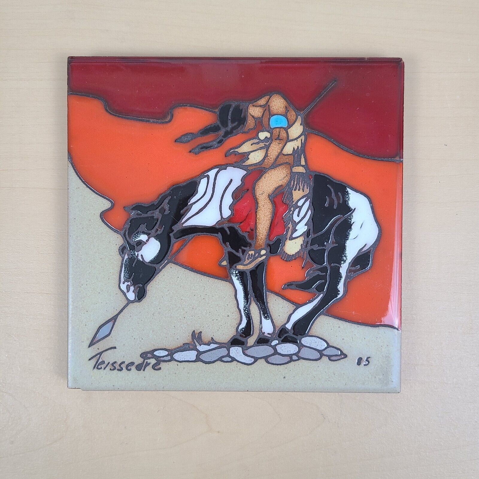 Vintage 1985 Cleo Teissedre Tile End Of The Trail Native American Indian Art 