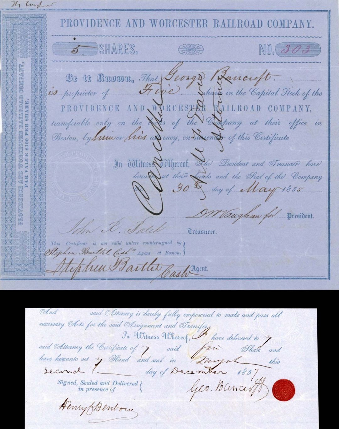 Providence and Worcester Railroad Co. Issued to and Signed by George Bancroft - 