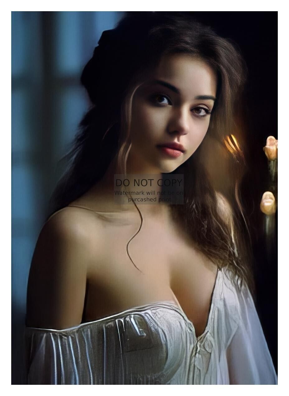GORGEOUS YOUNG SEXY MODEL WITH BROWN HAIR IN WHITE DRESS 5X7 FANTASY PHOTO