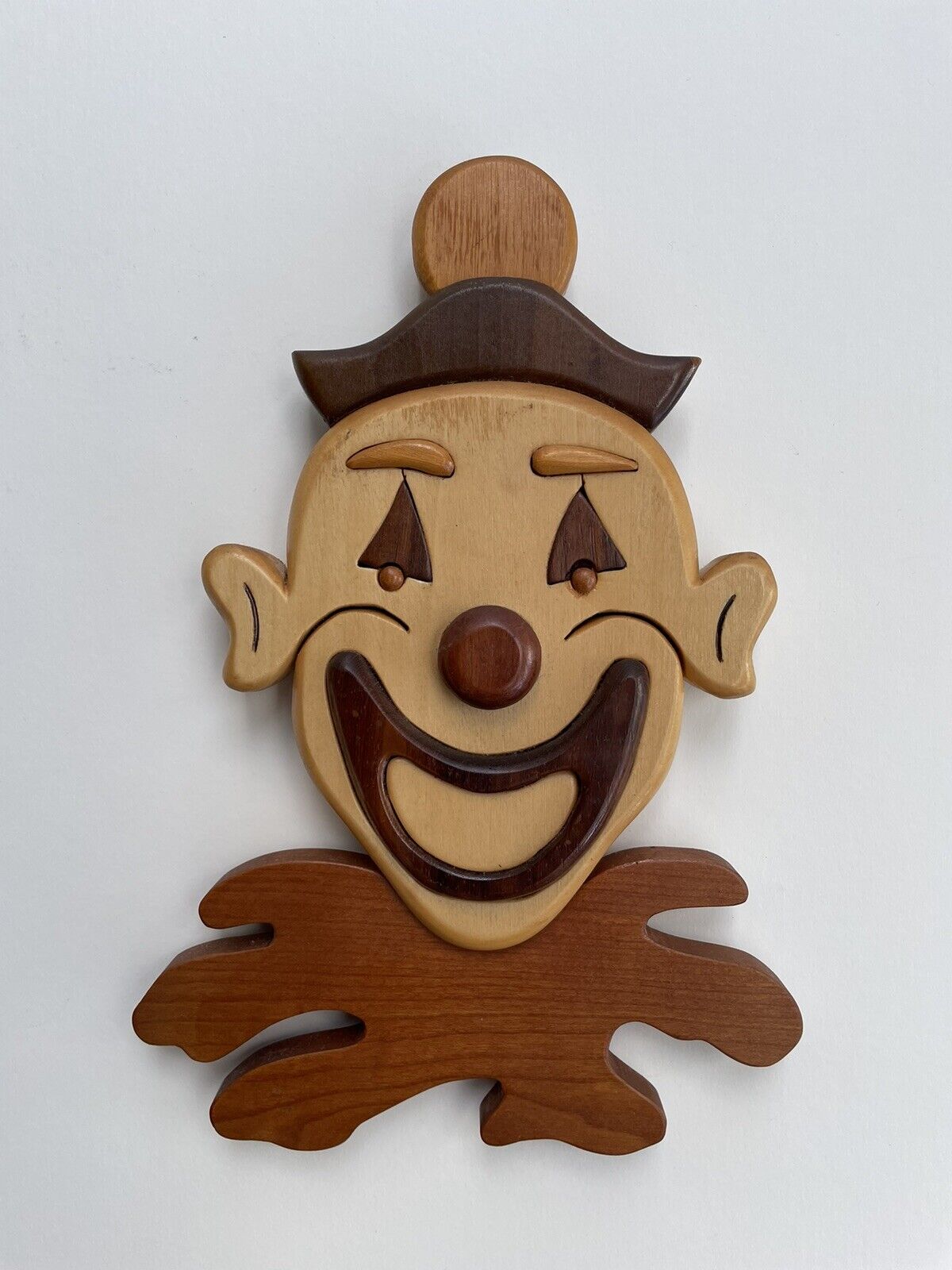 Vtg Handcrafted Intarsia 3D Wood Clown Inlay Marquetry Plaque by Al Wubker